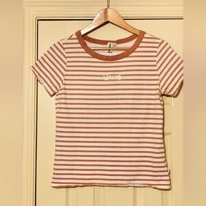 Vans Womens Baby Tee Gold White Striped Shirt Size L Embroidered Logo